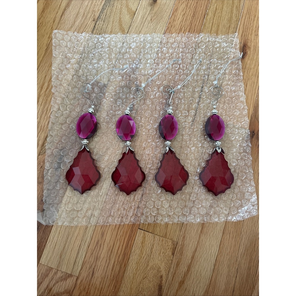 Set of 4 Magenta and Ruby Red Faceted Crystal Style Christmas Ornaments 6.5"